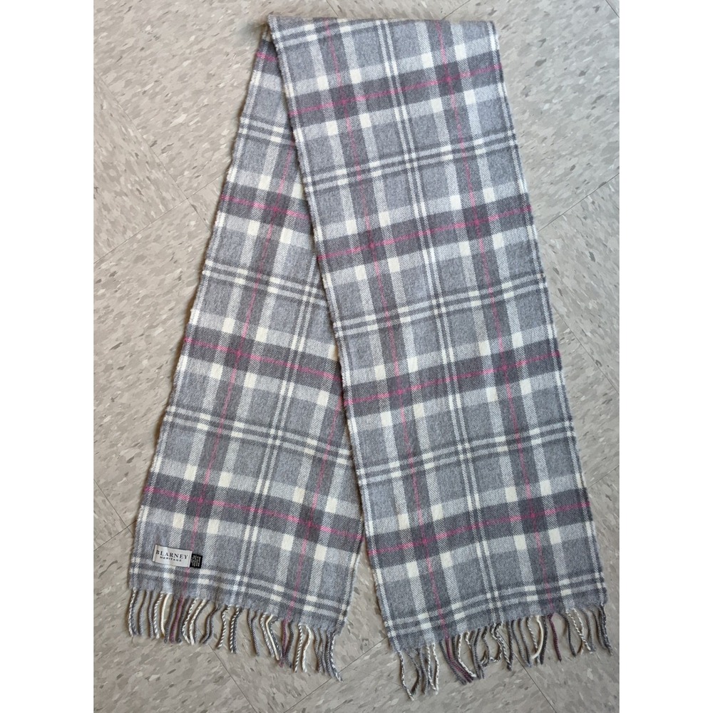 Blarney Heritage 100% Merino Wool Scarf Grey Pink Plaid Made in Ireland - Picture 4 of 6